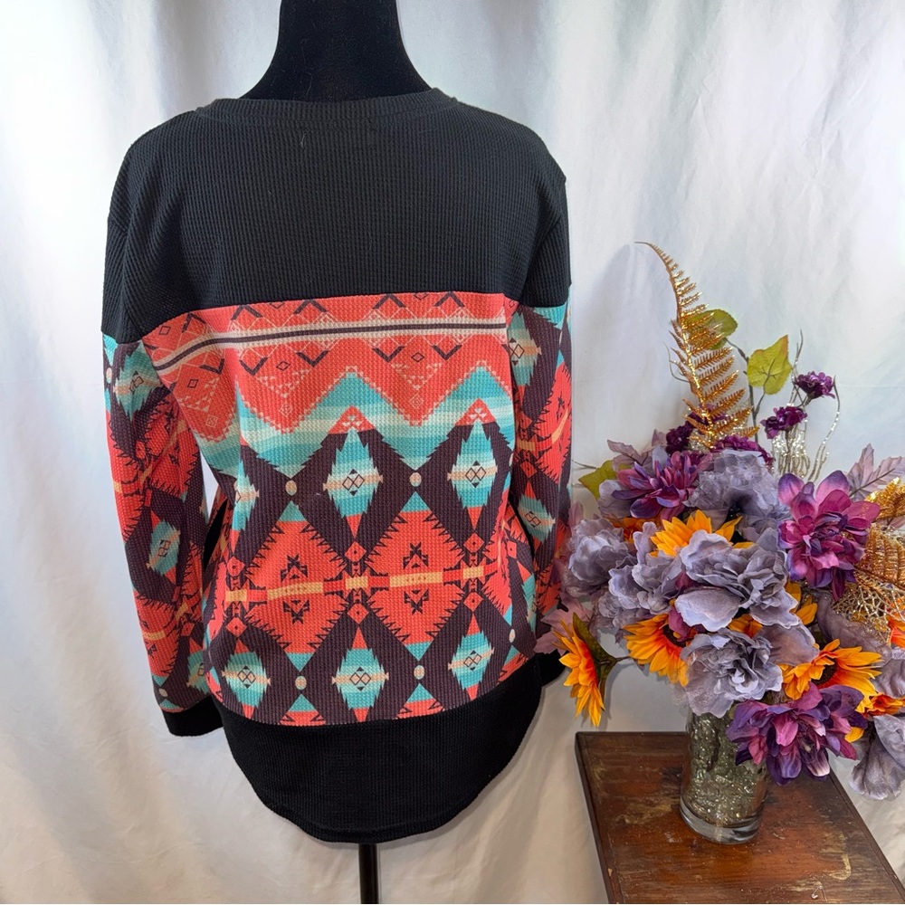 C+D+M Aztec Southwestern Waffle Knit Thermal Pullover Sweater M - Picture 3 of 7